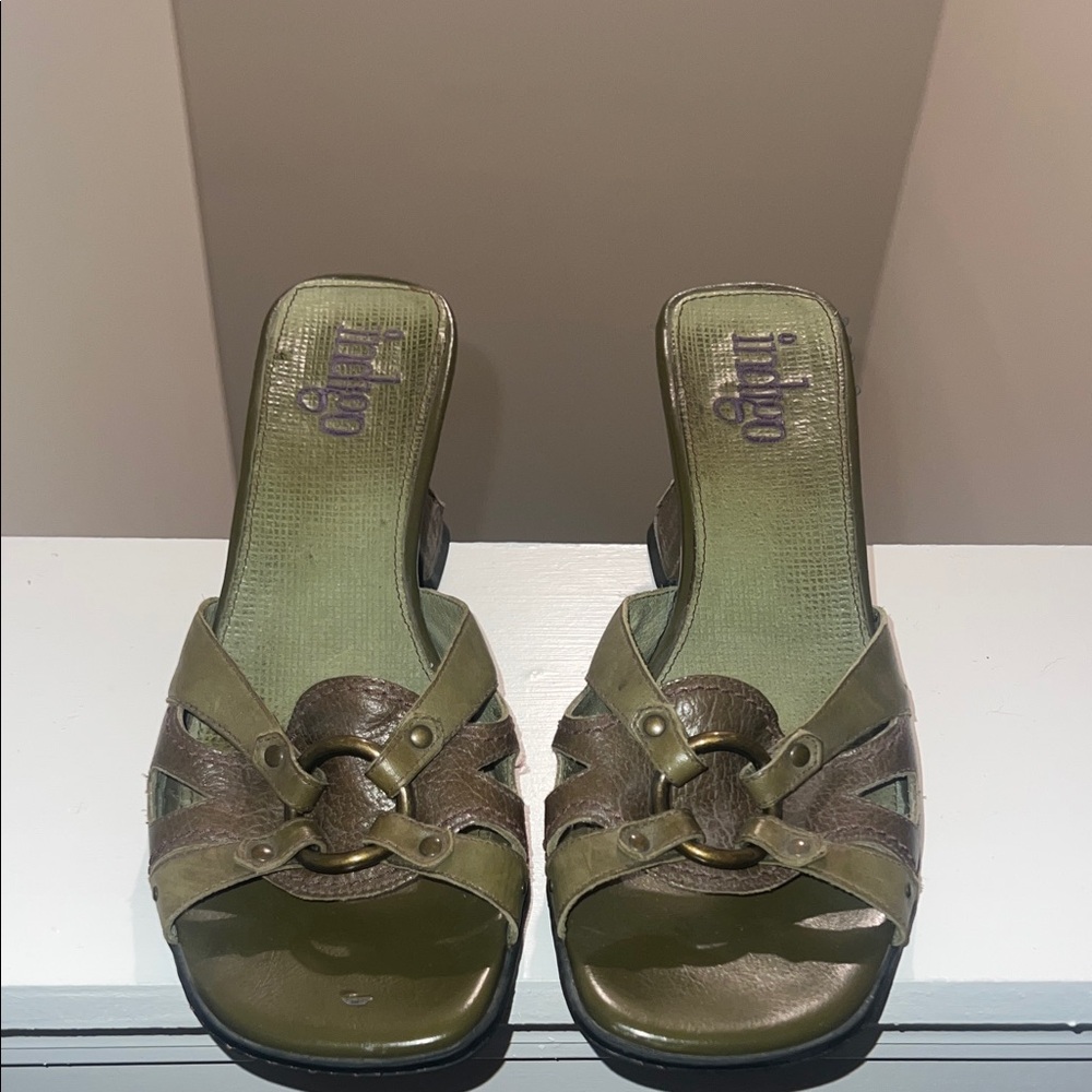 Real Leather Indigo Women's Green Mules with Buckle Detail